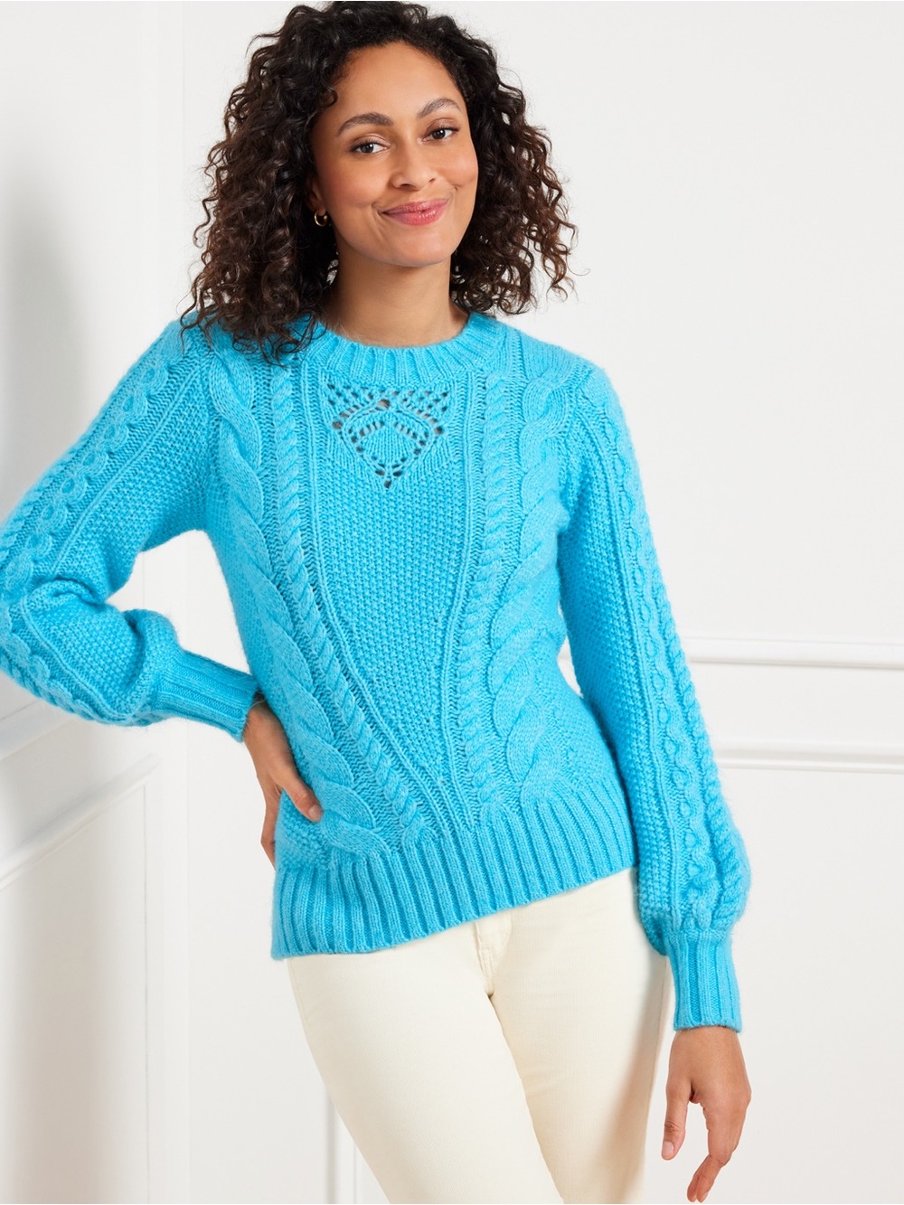 Talbots teal blue wool blend balloon sleeve cable knit sweater Women’s LP